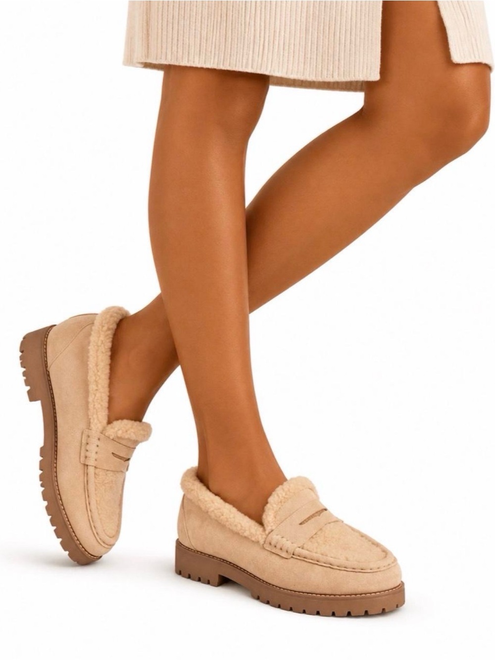PAIGE Tan Suede-Look Shearling Penny Loafers